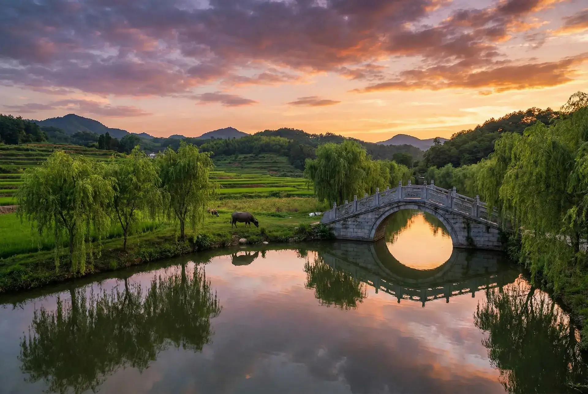 夕阳下的石拱桥与垂柳，水牛在河边吃草 - 泷泽萝拉快播在线 乡村美景